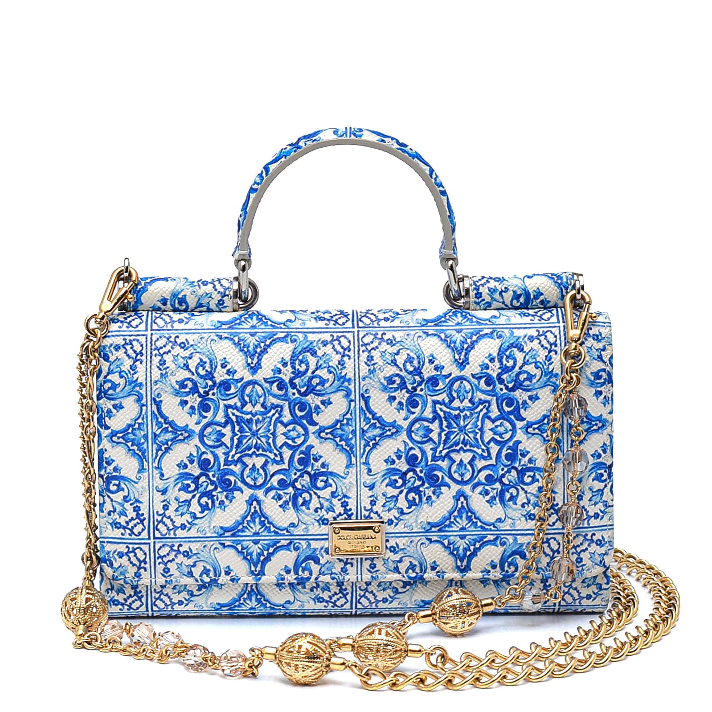 Dolce Gabbana - White&Blue Leather Majolica Printed Wallet On Chain Bag